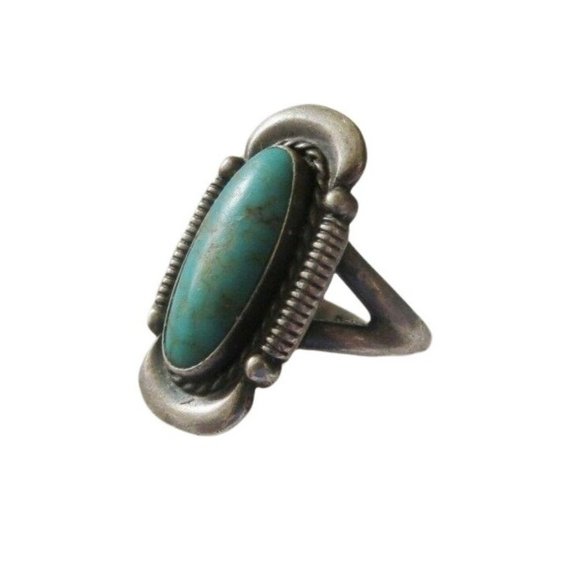 Vintage Turquoise Ring Sterling Silver Southwest Oval Cabochon Size 5.5 JHE5 - Picture 4 of 9